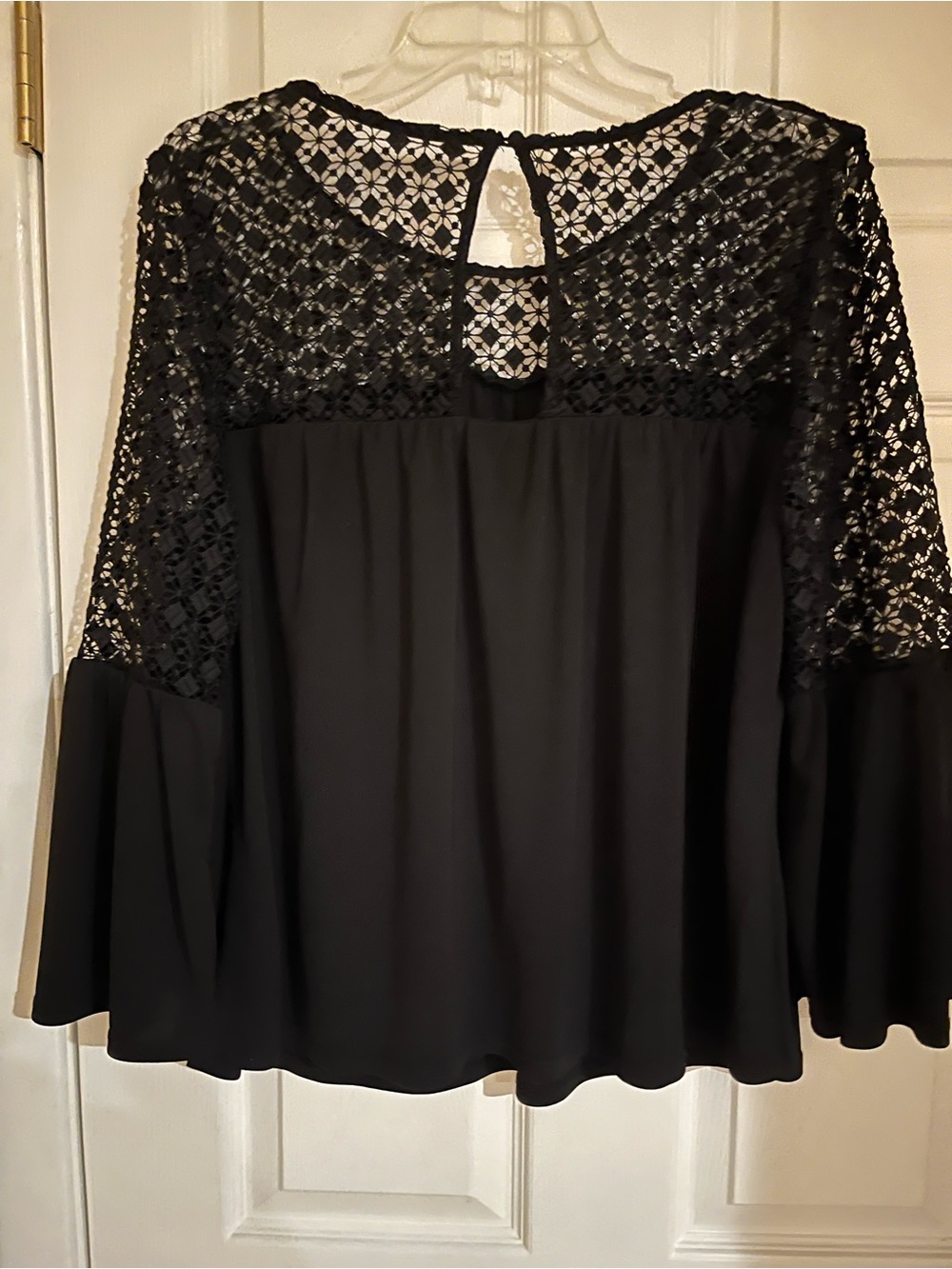 White House Black Market Black Lace Yoke Bell Sleeve Top